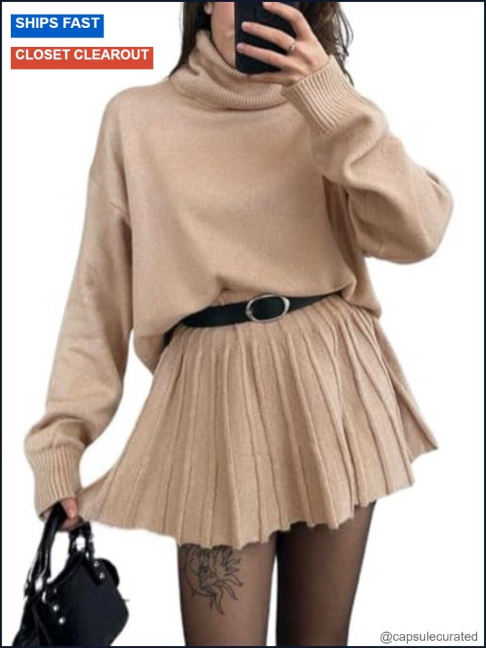 Women's 2 Piece Knit Set Turtleneck Pullover Mini Pleated Skirt Sweater Outfit